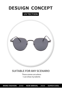 Macro detail of gunmetal polygonal metal frame sunglasses with dark grey UV protective lenses