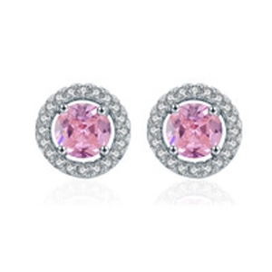 Pink halo stud earrings with round pink zircon and white stones in silver plating