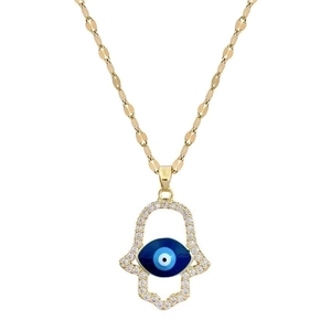 Gold Hamsa Hand necklace with blue evil eye pendant and zircon stones on white background
