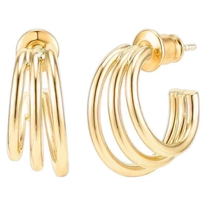 Polished gold triple hoop geometric earrings in stainless steel for women fashion