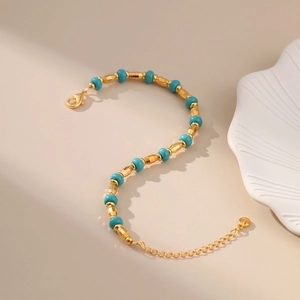 Handmade gold turquoise bead bracelet with vintage palace style and lobster clasp