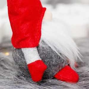 Standing Christmas gnome plush with grey felt hat and long white faux fur beard