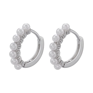 Minimalist brass gold plated hoop earrings with seven white pearls for women