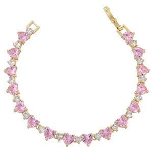 Detail view of pink heart zircon bracelet with gold plating and fold-over clasp