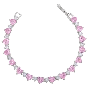 Macro view of silver-tone bracelet featuring pink heart zircons and micro-pave stones