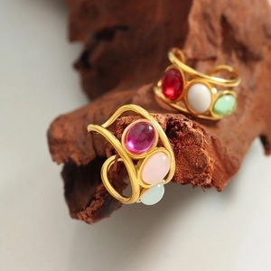 18K gold plated vintage open rings with colorful oval gemstones on natural wood branch