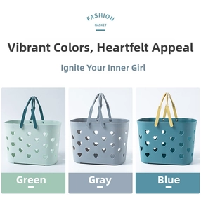 Three plastic shower baskets in green, gray, and blue with heart-shaped hollow patterns