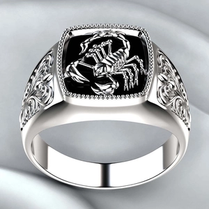 Retro silver scorpion signet ring with black enamel inlay and intricate side carvings