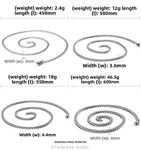 Size chart for stainless steel Cuban chain necklace showing different weights and widths