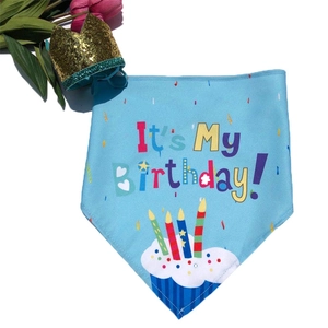 Detail view of blue birthday pet bandana with cupcake print and gold sequin crown
