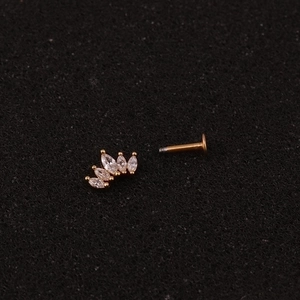 Golden crown flat back stud earring with five marquise-cut white zirconias for body piercing