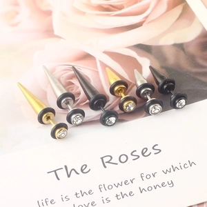 Three-color punk cone stud earrings in gold silver and black with sparkling rhinestone inlay