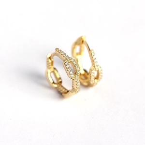 S925 sterling silver gold chain link hoop earrings with sparkling micro-pave zircon stones