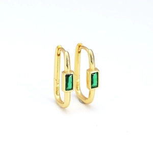 Gold plated S925 silver U-shaped hoop earrings with rectangular green zircon stone