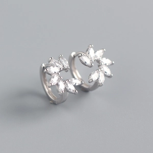 Macro shot of S925 silver flower hoop earrings with marquise-cut marquise cubic zirconia