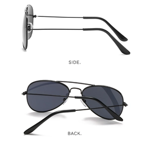 Side and back views of kids aviator sunglasses with black metal frames and dark lenses