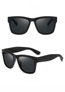 Front and 45-degree side view of matte black square sunglasses with dark grey lenses