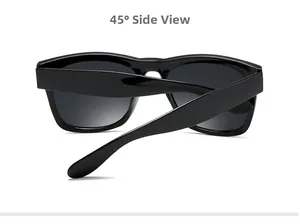 Detailed 45-degree side view of classic black wide-frame sunglasses with glossy finish