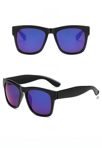 Detail view of large black frame sunglasses with blue mirrored lenses from dual angles