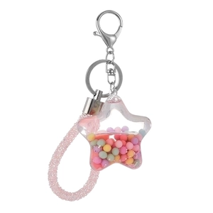Star-shaped acrylic liquid quicksand keychain with colorful beads and pink strap