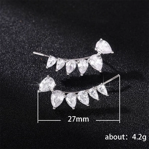 Minimalist silver pear-cut zircon ear crawlers with a 27mm curved drop design