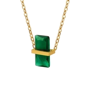 Golden necklace featuring a green emerald-cut zircon pendant on a clean white background