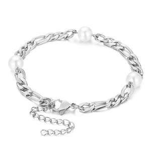 Elegant figaro chain pearl bracelet with three white pearls and adjustable lobster clasp