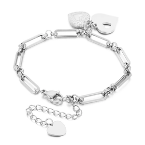 Titanium steel paperclip chain bracelet with heart pendants and lobster clasp closure