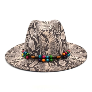 Snakeskin print wool fedora hat with colorful beaded ethnic band for men and women