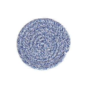 Close-up of a blue and white round woven cotton coaster with detailed spiral texture