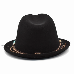 Chapeau fedora en feutre noir classique avec perles ethniques pour hommes et femmes