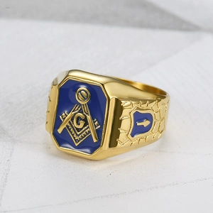 Gold stainless steel Freemason AG ring for men with blue enamel and G symbol