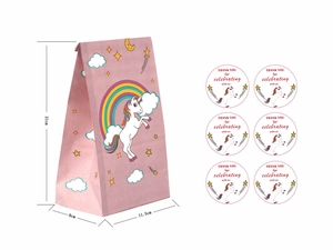 Detail of unicorn party gift bag with dimensions and matching thank you stickers