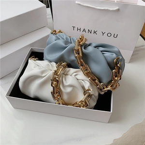 Women Ruched Cloud Pouch Bag PU Leather Fashion Underarm Handbag With Thick Gold Chain Strap