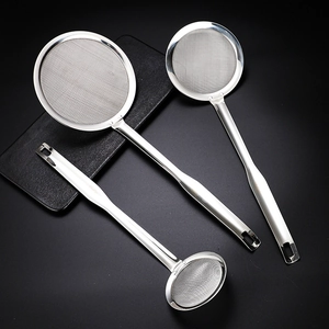 Three-piece stainless steel fine mesh skimmer spoon set with long handles on black background