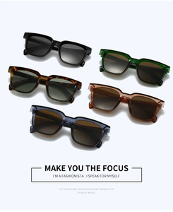 Macro shot showing five trendy square frame sunglasses in black, green, and tea colors