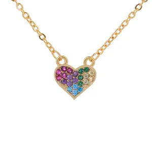 Star Moon Heart Pendant Necklace with multi-color stones on a gold link chain