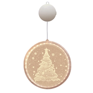 Christmas LED window light with warm white glowing Christmas tree design on round panel