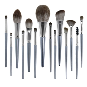 14-piece professional makeup brush set with grey metal handles and bionic fiber bristles