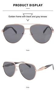 Vues détaillées des lunettes aviateur double pont avec monture dorée et verres noirs