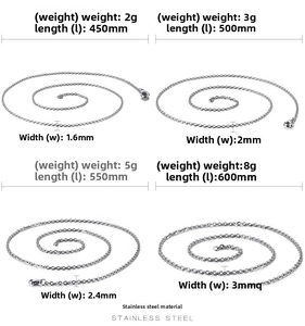 Size chart showing width and length specifications for stainless steel O-link chains