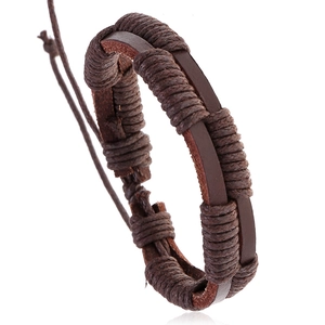 Retro braided dark brown leather bracelet for men with adjustable cord lock on white background