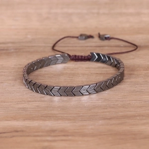 Handmade woven hematite arrow bracelet with adjustable braided cord for men in punk style