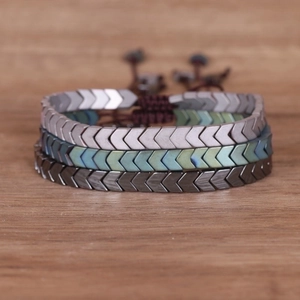 Men Hematite Arrow Beaded Bracelet Handmade Braided Adjustable Rope Minimalist Punk Jewelry