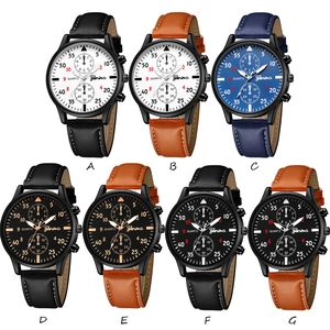 Multiple styles of Geneva men's quartz watches with leather straps and chronographic dials
