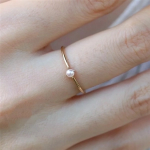 Minimalist 18K Gold Plated White Copper Ring Elegant Slim Forest Style Dainty Artificial Pearl Jewelry For Women