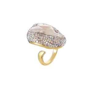Baroque pearl ring with iridescent crystals and gold open band in French vintage style