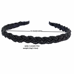 Beaded braided headband in black with dimensions 12.5cm diameter and 32g weight