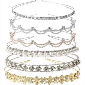 Set of six gold and silver thin headbands featuring sparkling rhinestones and elegant pearls