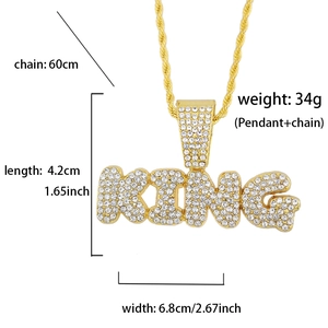 Detail view of iced out KING pendant with 60cm gold chain and precise dimensions